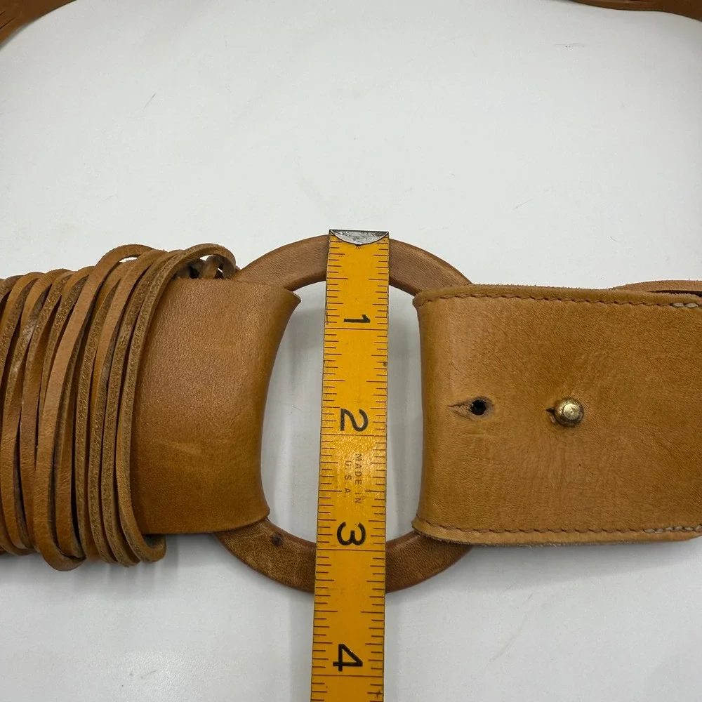 Brave Leather Tan Brown Fringe Wide Belt Size 32 Circle Buckle Boho Canada‎